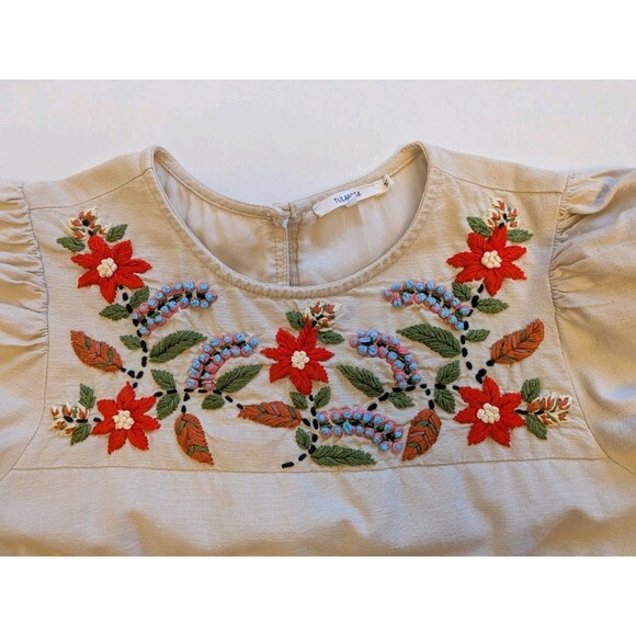 TULAROSA Floral Linen Blend Mini Dress Sz XS Peasant Cottage Boho Chic Coquette - Picture 5 of 14